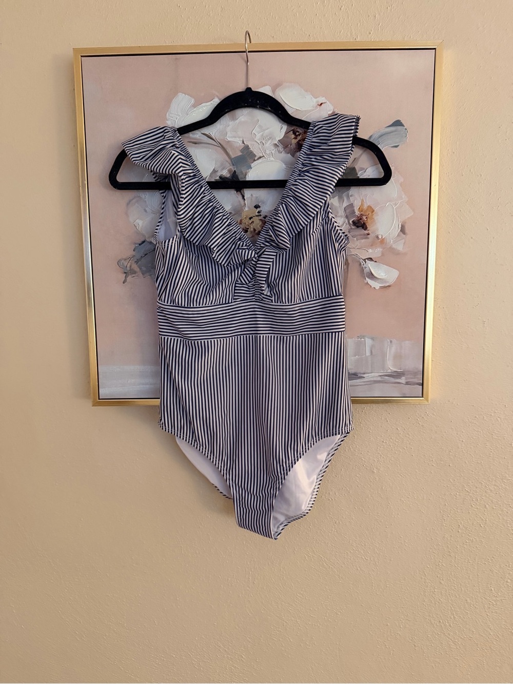 Aava Ruffle Stripe One Piece Swimsuit | Recycled Fabric | Navy & White | Large